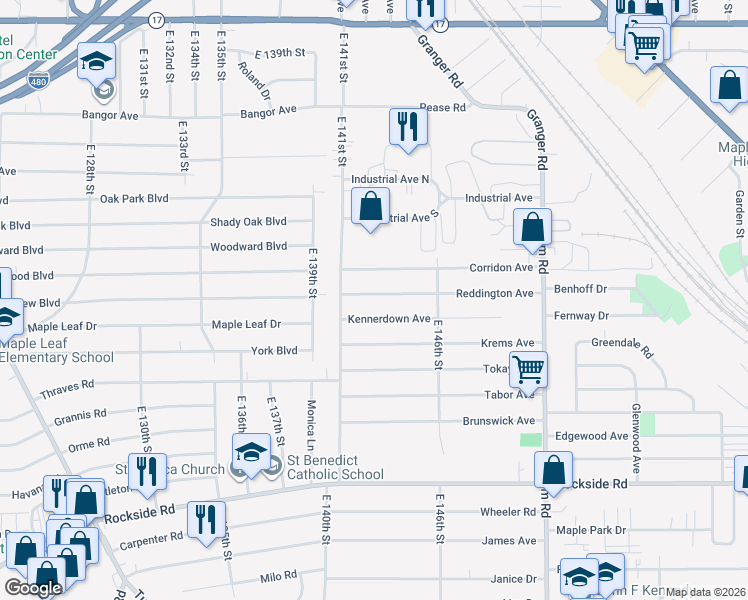 map of restaurants, bars, coffee shops, grocery stores, and more near 14306 Kennerdown Avenue in Maple Heights