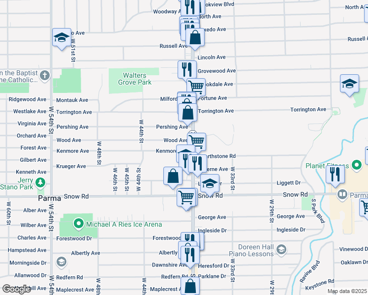 map of restaurants, bars, coffee shops, grocery stores, and more near 5670 State Road in Parma