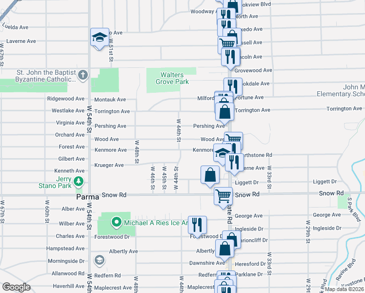 map of restaurants, bars, coffee shops, grocery stores, and more near 4301 Kenmore Avenue in Parma