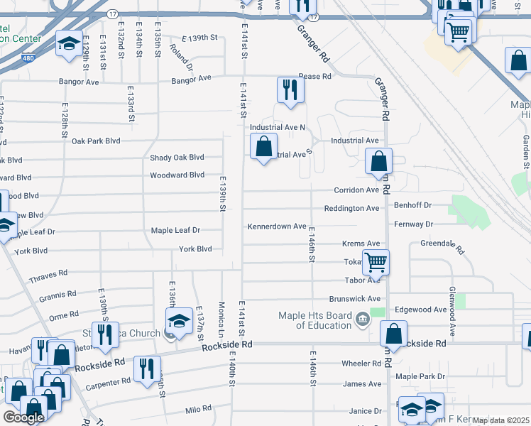 map of restaurants, bars, coffee shops, grocery stores, and more near 14306 Kennerdown Avenue in Maple Heights