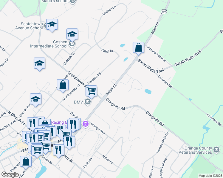 map of restaurants, bars, coffee shops, grocery stores, and more near Main Street in Goshen