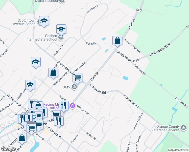 map of restaurants, bars, coffee shops, grocery stores, and more near Main Street in Goshen