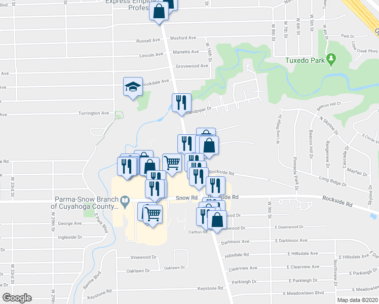 map of restaurants, bars, coffee shops, grocery stores, and more near 5690 Broadview Road in Parma