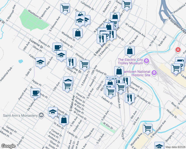 map of restaurants, bars, coffee shops, grocery stores, and more near 918 Luzerne Street in Scranton