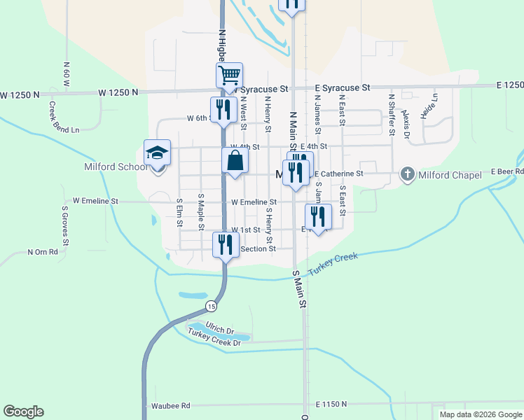 map of restaurants, bars, coffee shops, grocery stores, and more near 211 South Henry Street in Milford