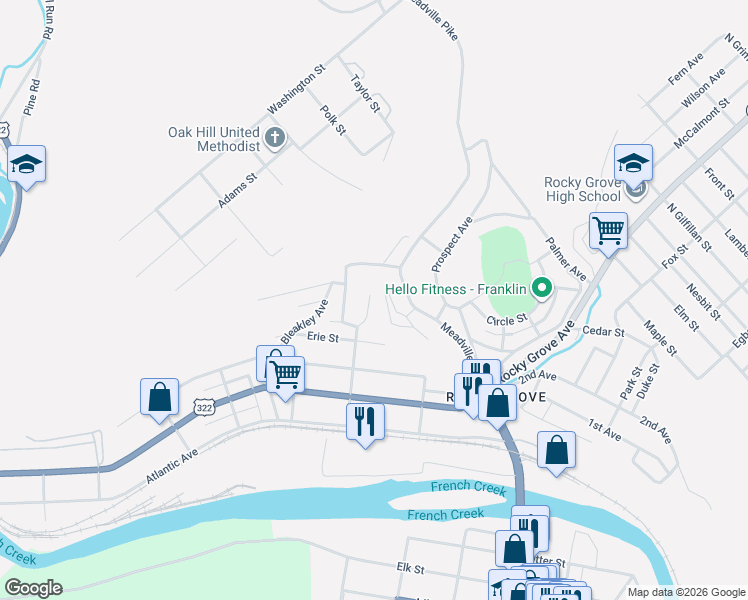 map of restaurants, bars, coffee shops, grocery stores, and more near 506 Spring Street in Franklin