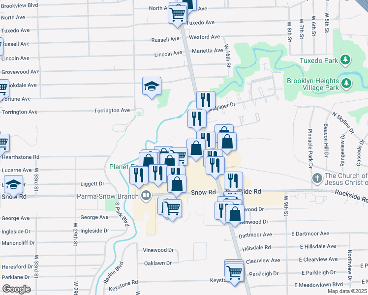 map of restaurants, bars, coffee shops, grocery stores, and more near 5676 Broadview Road in Parma