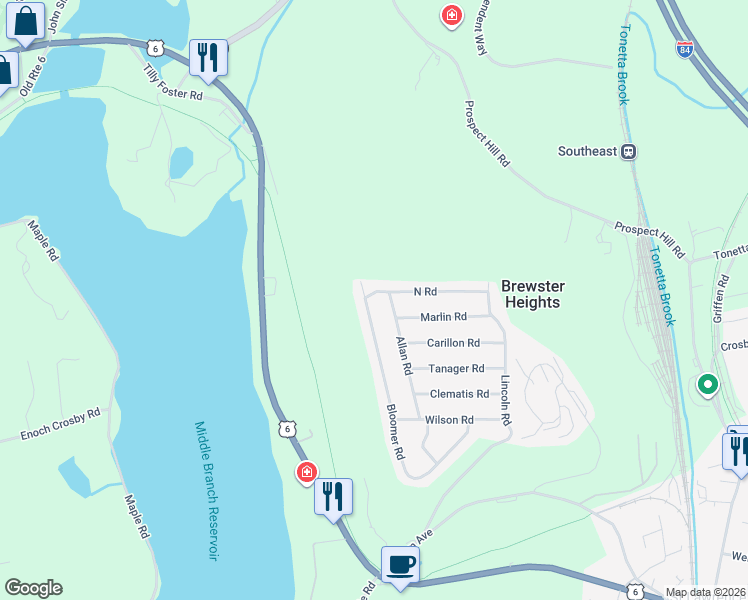map of restaurants, bars, coffee shops, grocery stores, and more near 25 Allan Road in Brewster