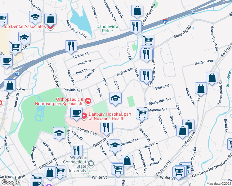 map of restaurants, bars, coffee shops, grocery stores, and more near 61 Hospital Avenue in Danbury