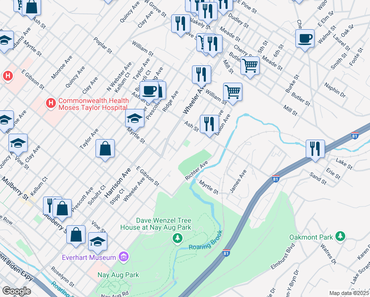 map of restaurants, bars, coffee shops, grocery stores, and more near 938 Paul Avenue in Scranton