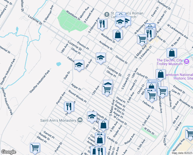 map of restaurants, bars, coffee shops, grocery stores, and more near 1207 Hampton Street in Scranton
