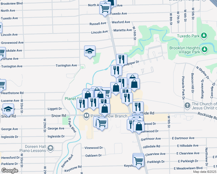 map of restaurants, bars, coffee shops, grocery stores, and more near 5676 Broadview Road in Parma