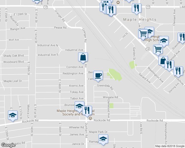 map of restaurants, bars, coffee shops, grocery stores, and more near 15312 Benhoff Drive in Maple Heights