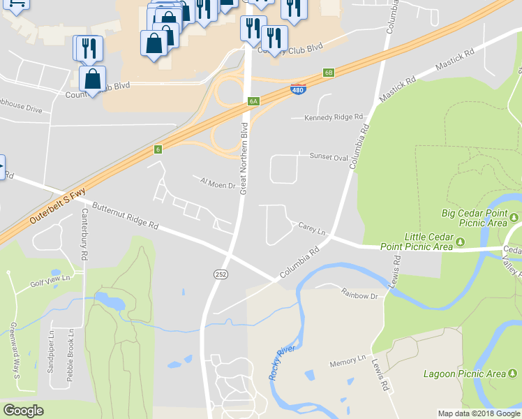 map of restaurants, bars, coffee shops, grocery stores, and more near 25219 Carey Lane in North Olmsted