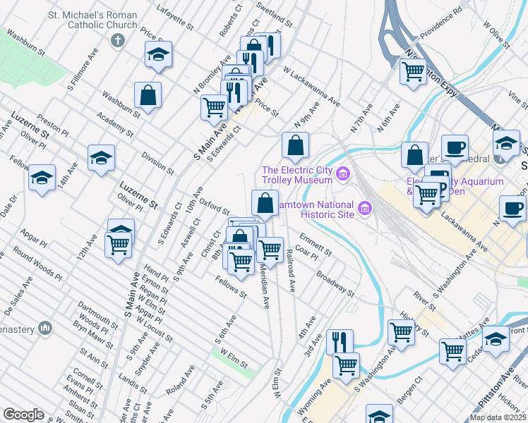 map of restaurants, bars, coffee shops, grocery stores, and more near 383 Meridian Ave in Scranton
