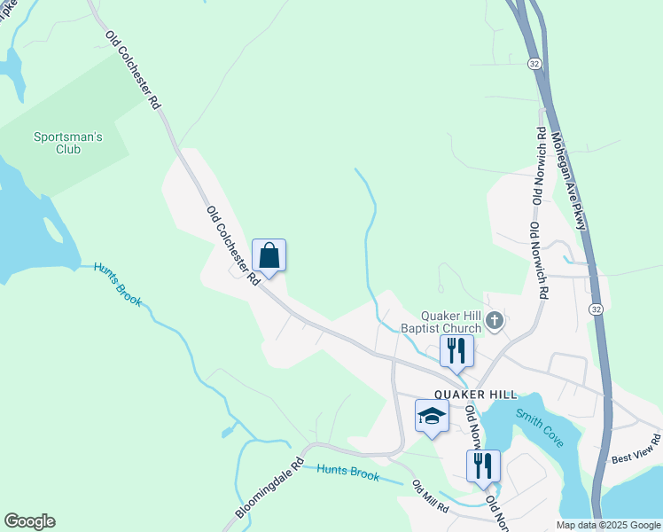 map of restaurants, bars, coffee shops, grocery stores, and more near 63 Old Colchester Road in Waterford