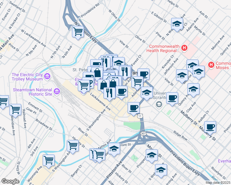 map of restaurants, bars, coffee shops, grocery stores, and more near 216 Wyoming Avenue in Scranton