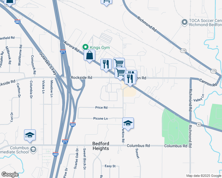 map of restaurants, bars, coffee shops, grocery stores, and more near 25400 Rockside Road in Bedford Heights