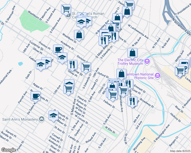 map of restaurants, bars, coffee shops, grocery stores, and more near 244 10th Avenue in Scranton