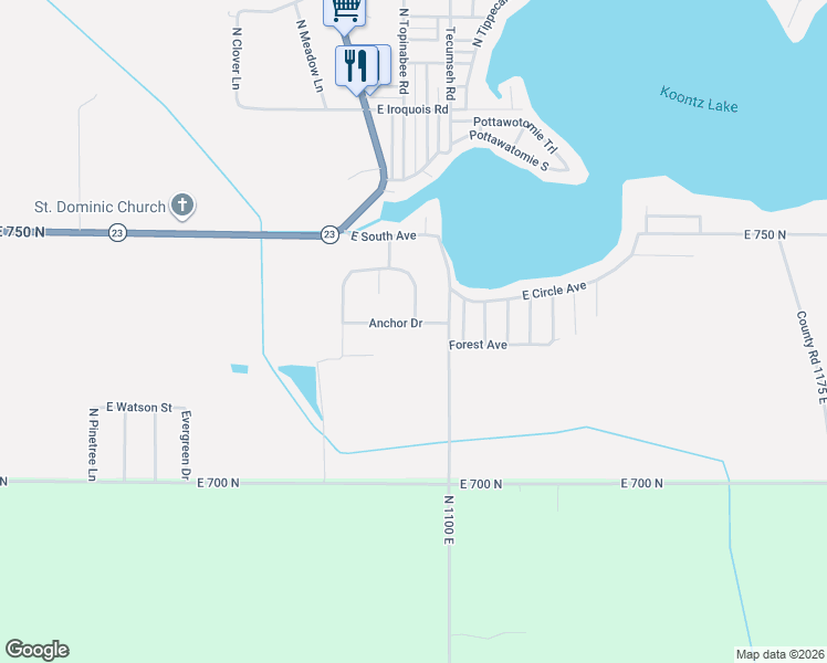 map of restaurants, bars, coffee shops, grocery stores, and more near 7431-7437 West Shipping Lane in Walkerton
