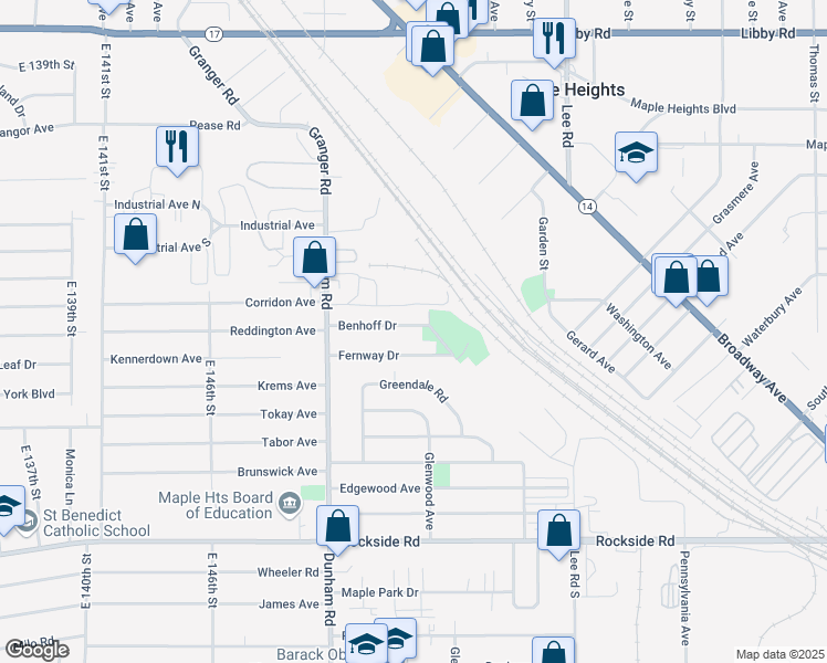 map of restaurants, bars, coffee shops, grocery stores, and more near 15612 Benhoff Drive in Maple Heights