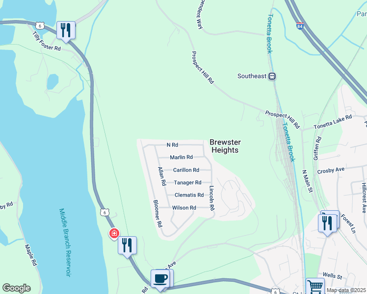 map of restaurants, bars, coffee shops, grocery stores, and more near 23 North Road in Brewster