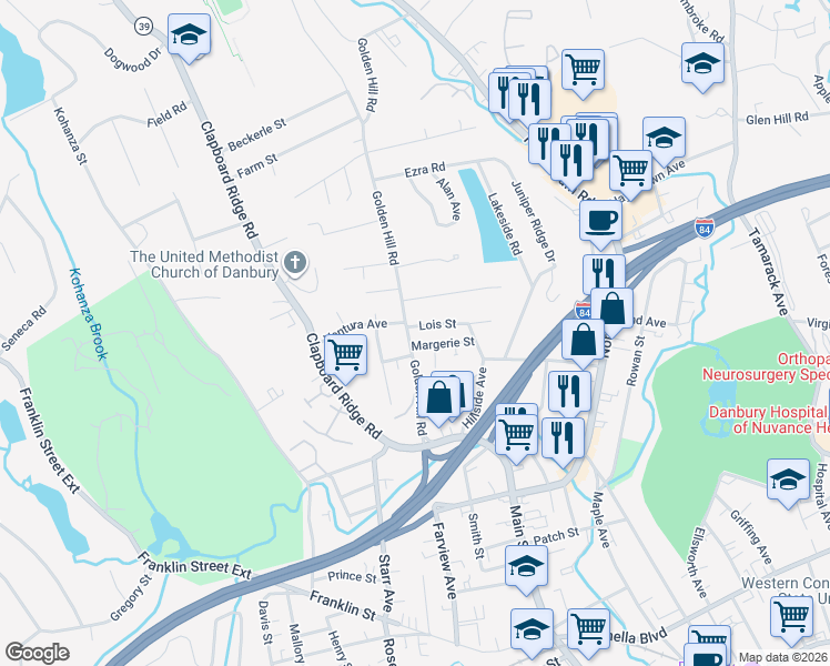 map of restaurants, bars, coffee shops, grocery stores, and more near 13 Golden Hill Lane in Danbury