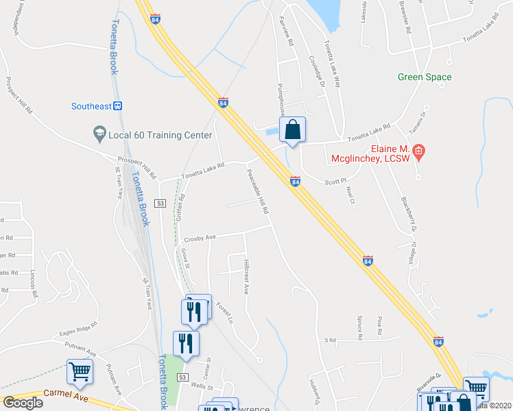 map of restaurants, bars, coffee shops, grocery stores, and more near 243 Peaceable Hill Road in Brewster