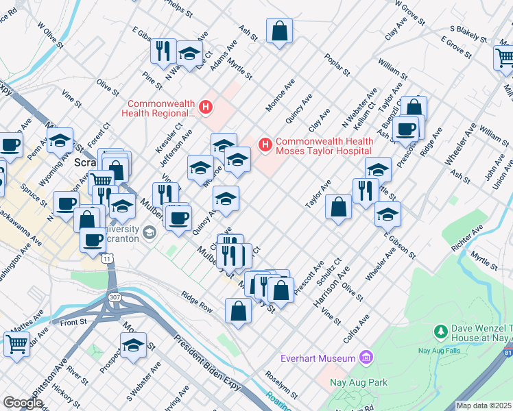 map of restaurants, bars, coffee shops, grocery stores, and more near 621 Clay Avenue in Scranton