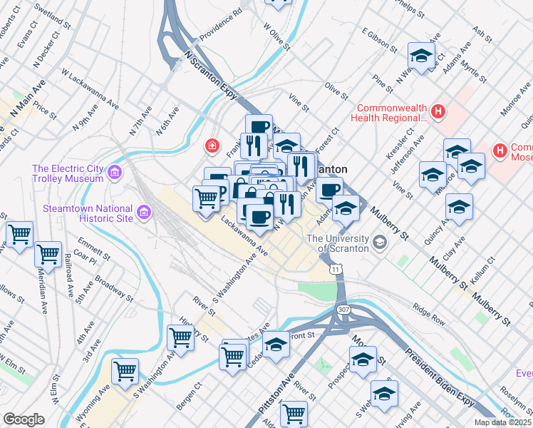 map of restaurants, bars, coffee shops, grocery stores, and more near 216 Wyoming Avenue in Scranton