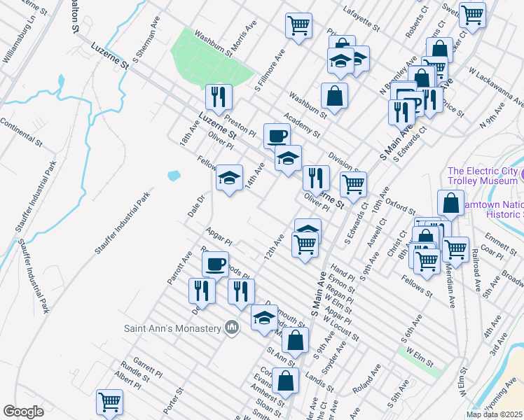 map of restaurants, bars, coffee shops, grocery stores, and more near 436 13th Avenue in Scranton