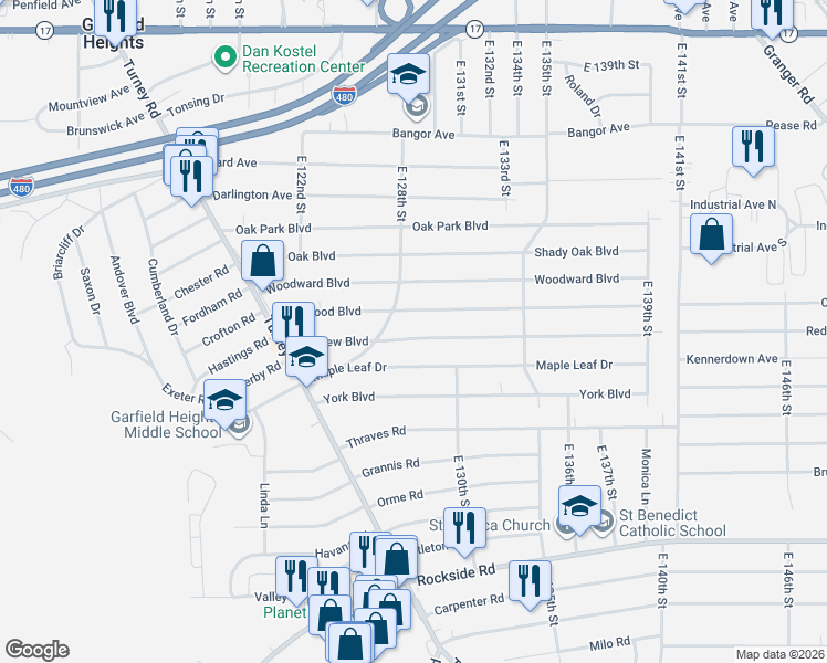 map of restaurants, bars, coffee shops, grocery stores, and more near 12805 Eastwood Boulevard in Garfield Heights