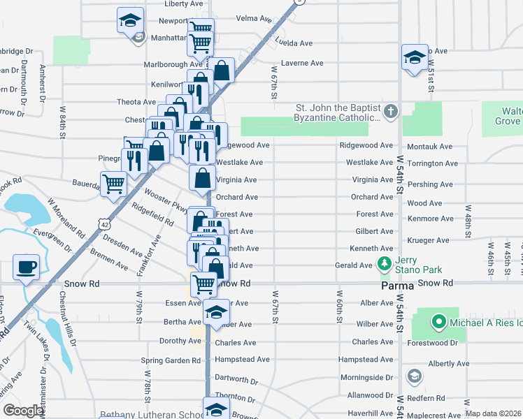 map of restaurants, bars, coffee shops, grocery stores, and more near 6902 Orchard Avenue in Parma