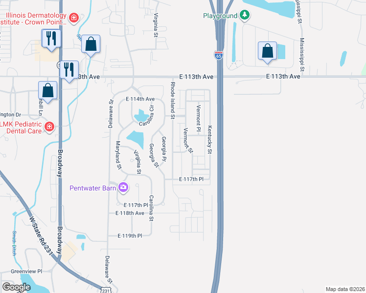 map of restaurants, bars, coffee shops, grocery stores, and more near 11503 Vermont Street in Crown Point