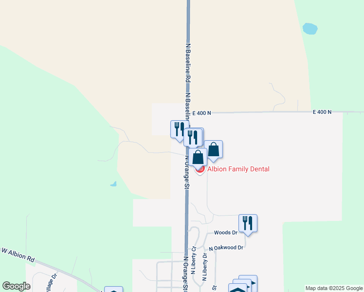 map of restaurants, bars, coffee shops, grocery stores, and more near 903 North Orange Street in Albion