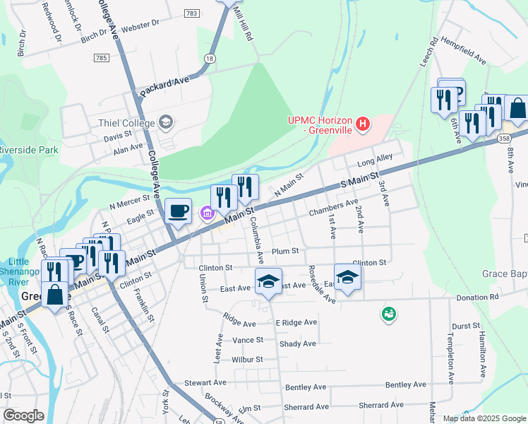 map of restaurants, bars, coffee shops, grocery stores, and more near 2-70 North Main Street in Greenville