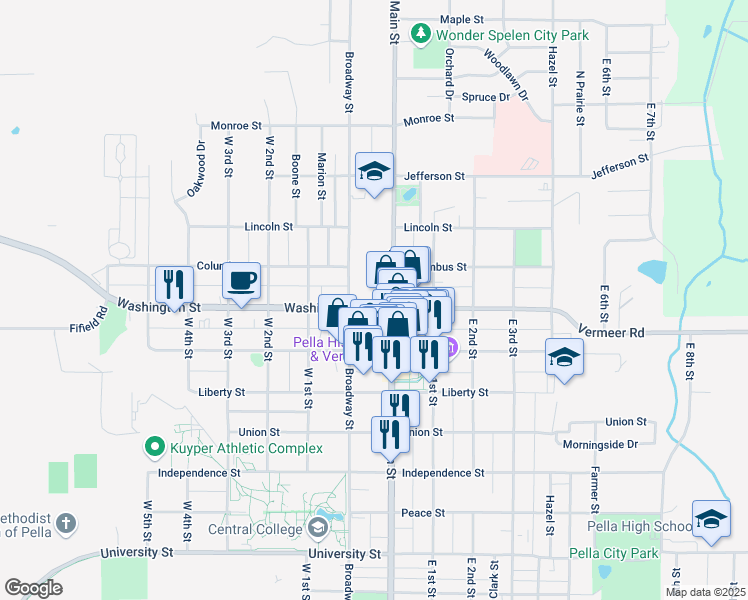 map of restaurants, bars, coffee shops, grocery stores, and more near 712 Washington Street in Pella