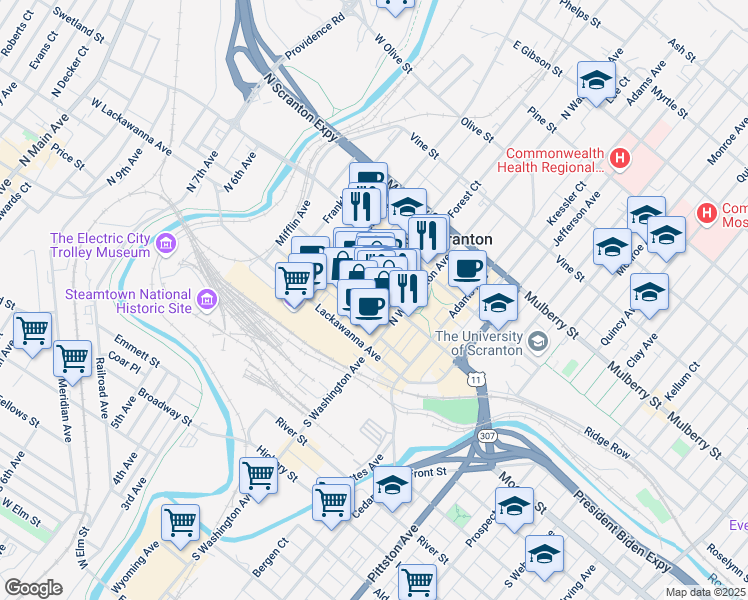 map of restaurants, bars, coffee shops, grocery stores, and more near 216 Wyoming Avenue in Scranton