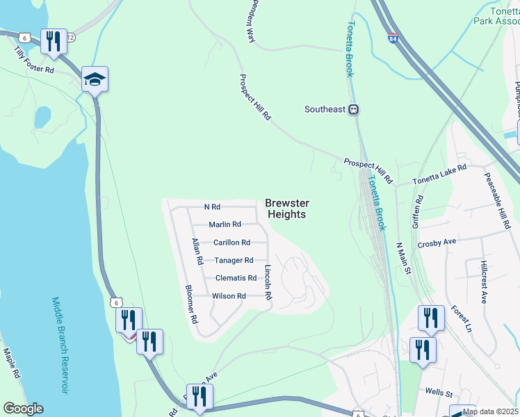 map of restaurants, bars, coffee shops, grocery stores, and more near 45 Lincoln Road in Brewster