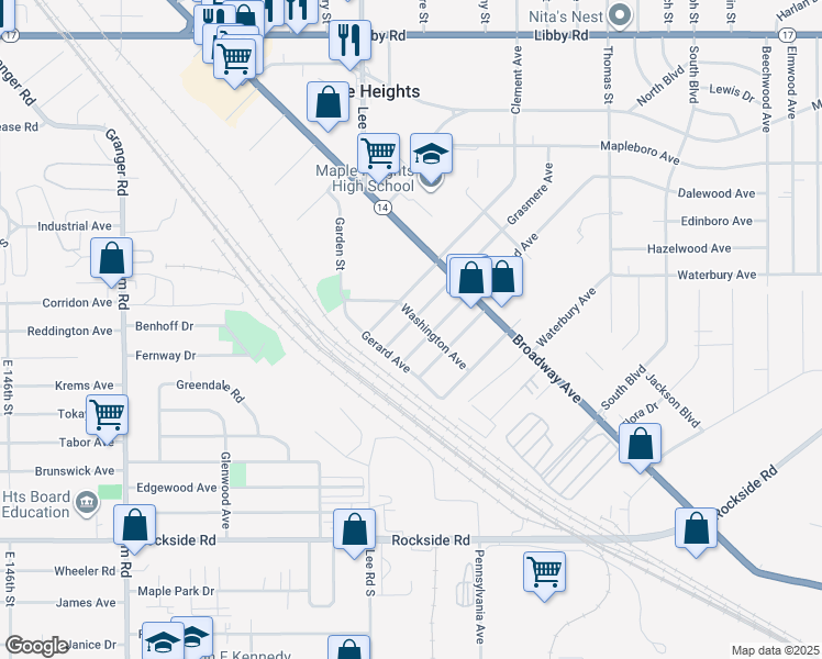 map of restaurants, bars, coffee shops, grocery stores, and more near 5657 Jefferson Avenue in Maple Heights