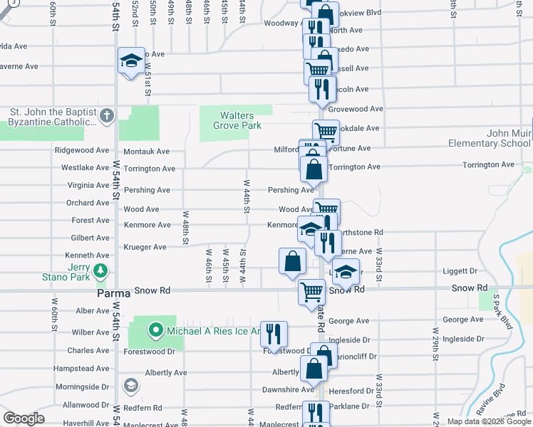 map of restaurants, bars, coffee shops, grocery stores, and more near 4206 Wood Avenue in Parma