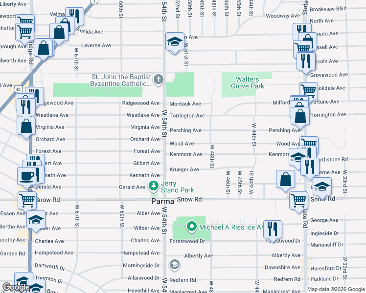 map of restaurants, bars, coffee shops, grocery stores, and more near 5110 Wood Avenue in Parma