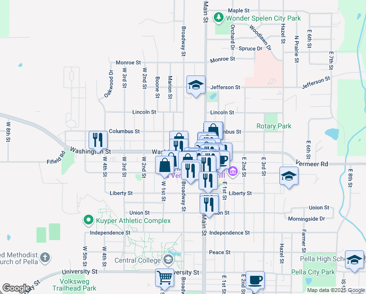 map of restaurants, bars, coffee shops, grocery stores, and more near 925 Broadway Street in Pella