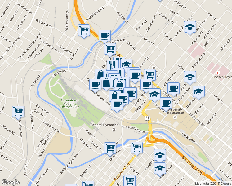 map of restaurants, bars, coffee shops, grocery stores, and more near 216 Wyoming Avenue in Scranton