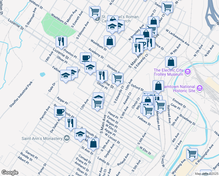 map of restaurants, bars, coffee shops, grocery stores, and more near 1134 Luzerne Street in Scranton