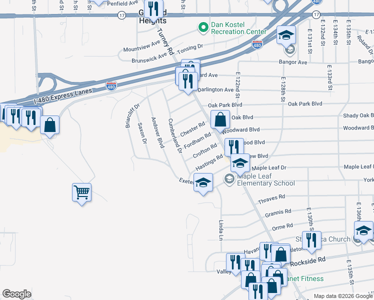 map of restaurants, bars, coffee shops, grocery stores, and more near 11517 Fordham Road in Garfield Heights