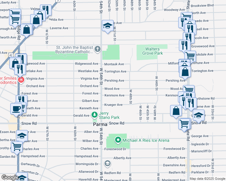 map of restaurants, bars, coffee shops, grocery stores, and more near 5110 Wood Avenue in Parma