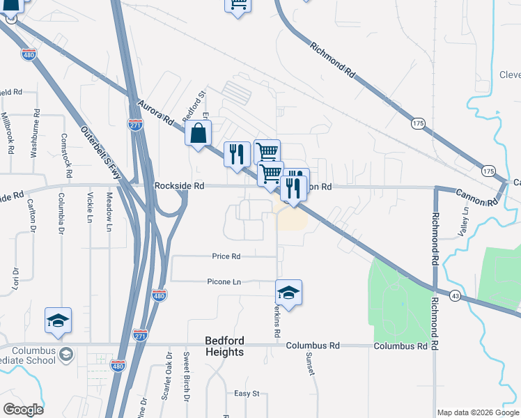 map of restaurants, bars, coffee shops, grocery stores, and more near 25400 Rockside Road in Bedford Heights