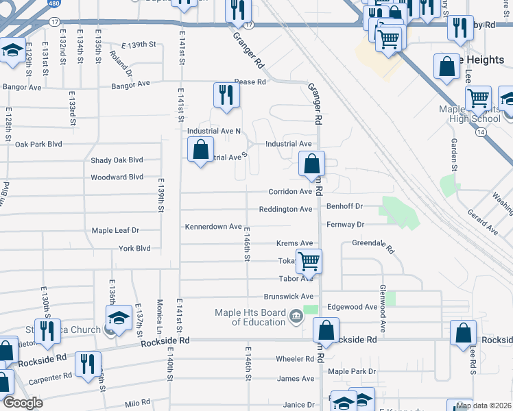 map of restaurants, bars, coffee shops, grocery stores, and more near 14613 Reddington Avenue in Maple Heights