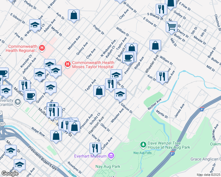 map of restaurants, bars, coffee shops, grocery stores, and more near 818 North Irving Avenue in Scranton